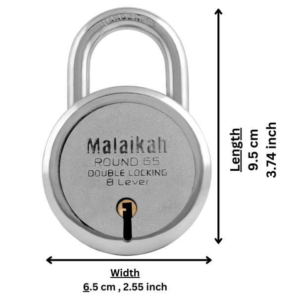 round 65mm , malaikah round 65mm padlock, 65mm round padlock 8 lever with 3 keys, double locking, with hardened shackle