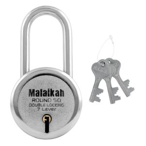 Malaikah Round 50 mm Padlock Long Shackle Double Locking 7 Lever with 3 Keys